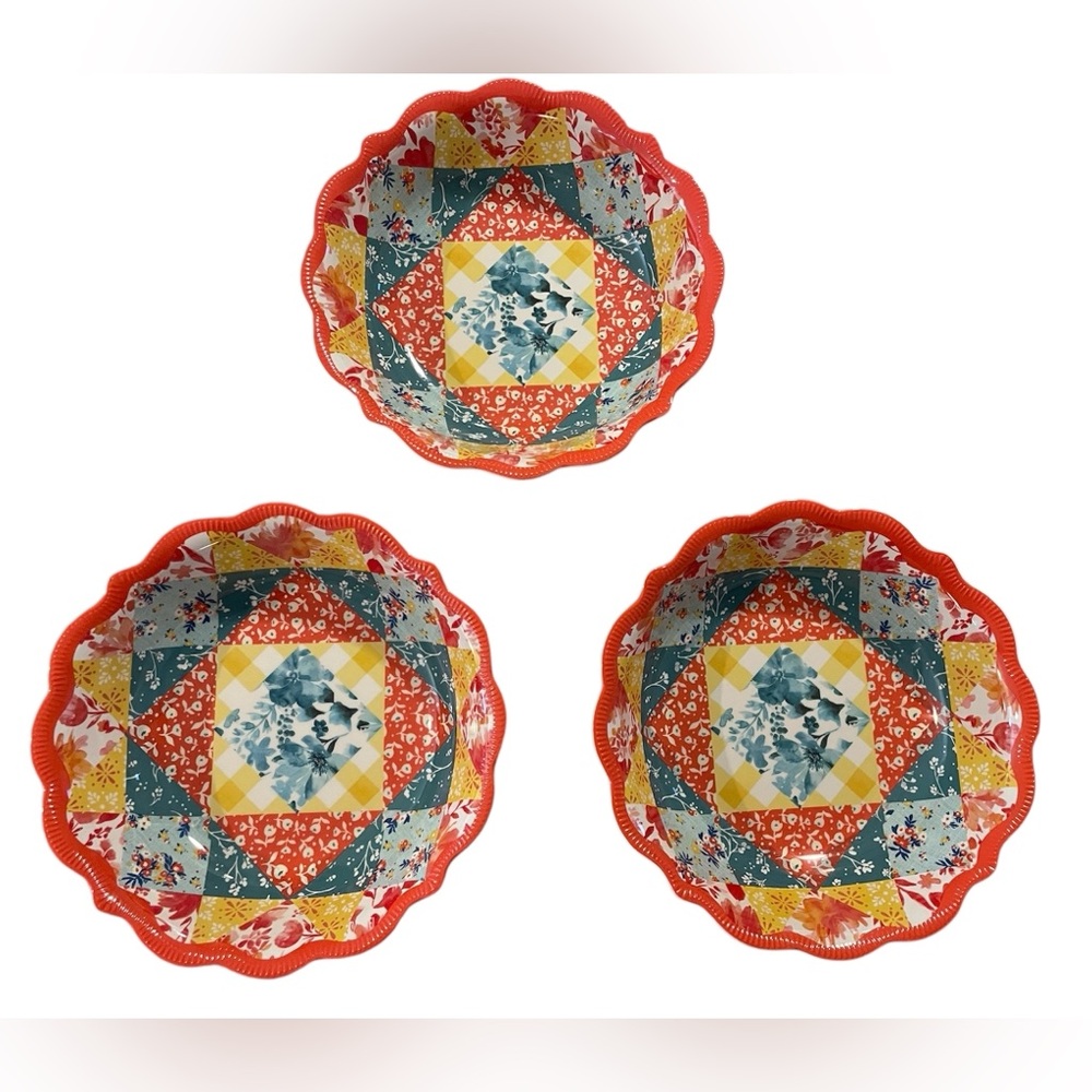 Pioneer Woman melamine dinner bowls Patchwork Medley Coral Set Of 3 44 Oz Spring